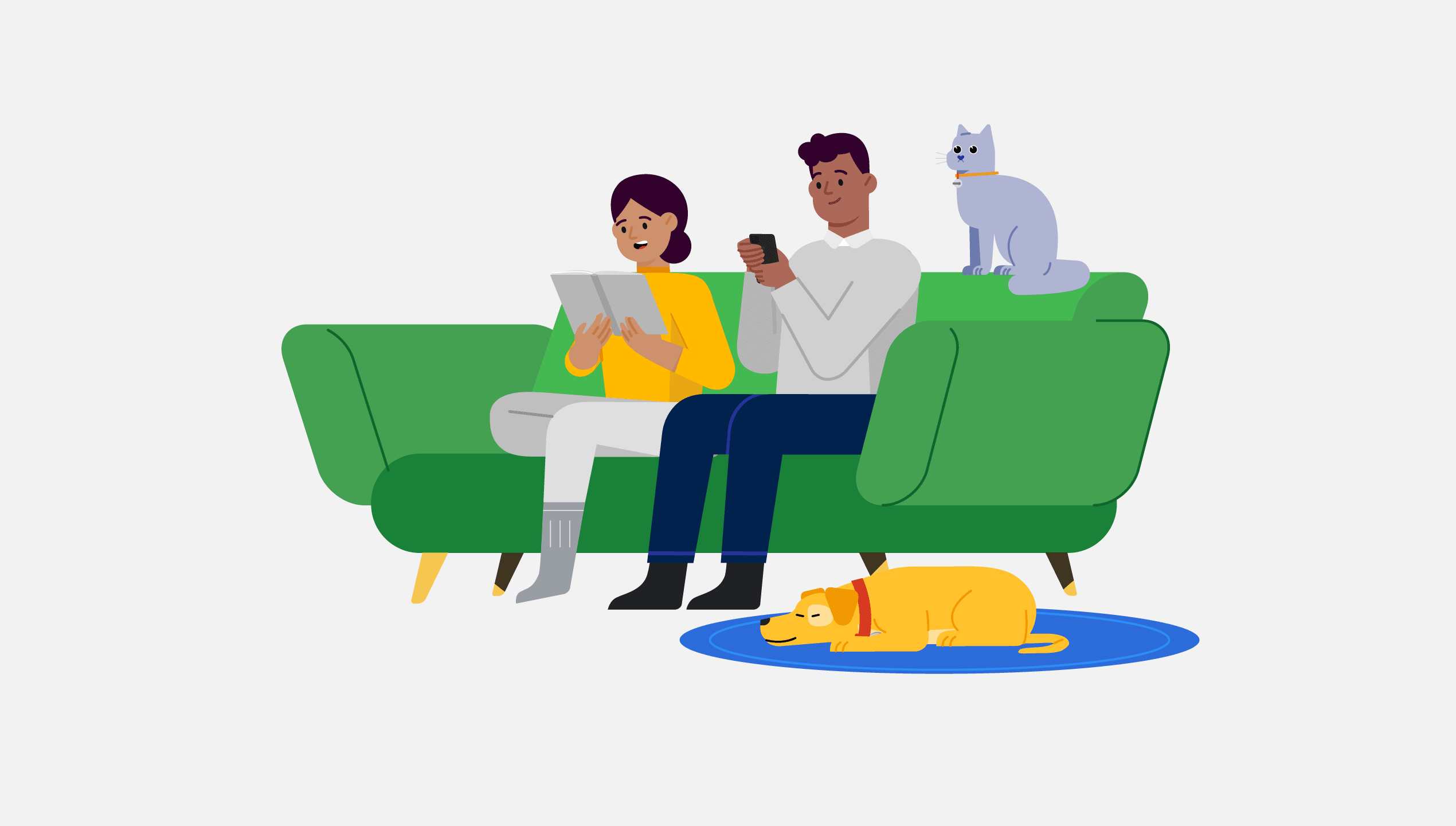 scene showing female and male character sitting on sofa, reading book and using a phone, with their pets near