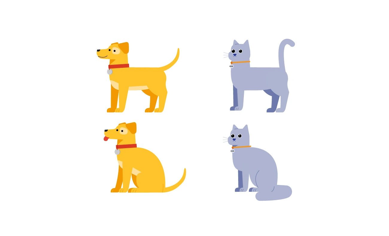 illustration of yellow dog and grey cat we used in animation, showing them in sitting and standing positions