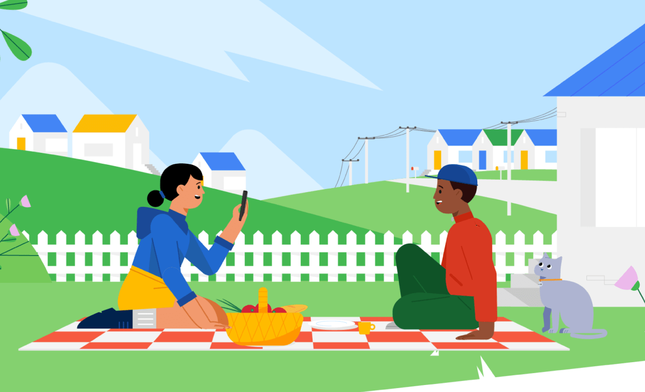 picnic in semi-urban environment. two characters are sitting on blanket. girl on the left is using her phone to take a picture of the guy on the right while cat beside is observing