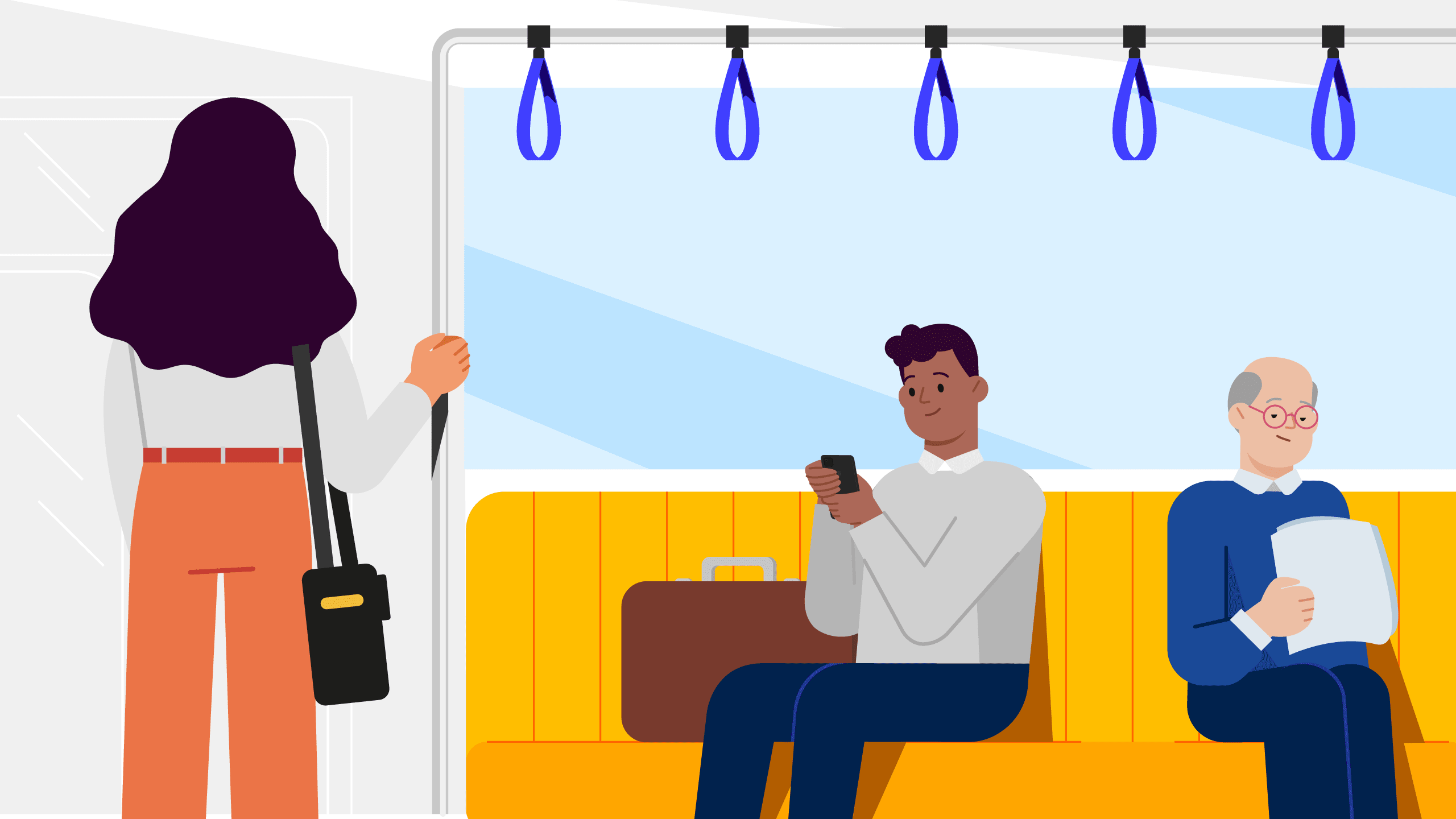 Scene from animation showing one of the main characters using phone while sitting in public transport